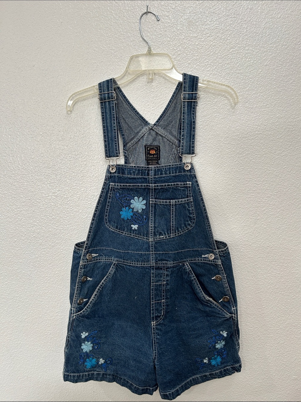 Route 66 Embroidered Dark Wash Denim Short Overalls - Blue Florals